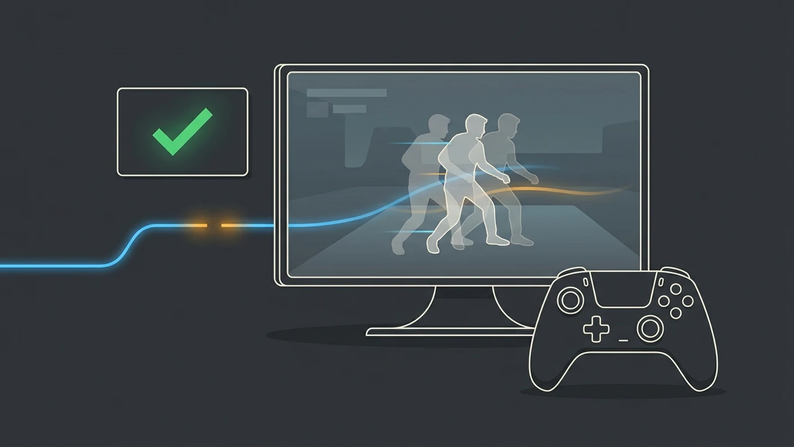 Illustration of a successful connection test beside a gaming monitor showing rubber-banding and an interrupted network signal
