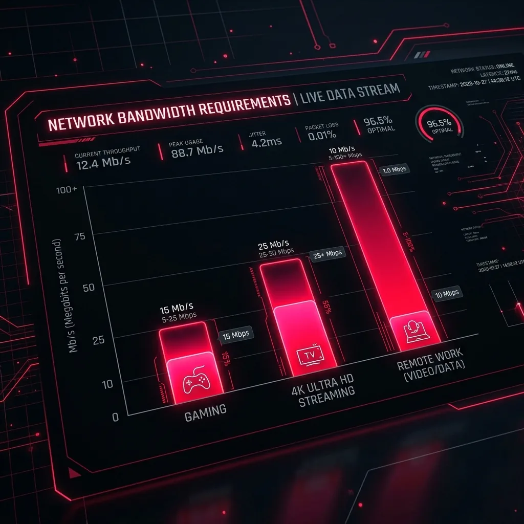 Data dashboard showing bandwidth utilization metrics across remote work, streaming and gaming.