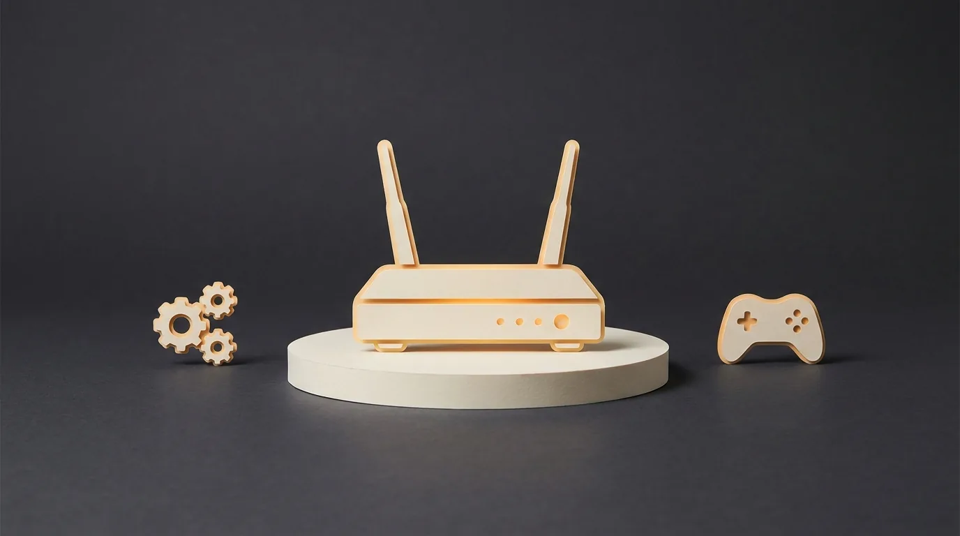 Illustration of a router with gears and a controller; not measured router rankings