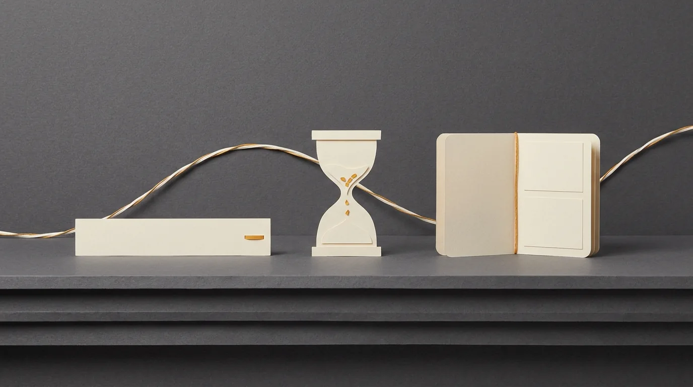 Illustration of timing tools and a blank notebook; not comparative benchmark scores