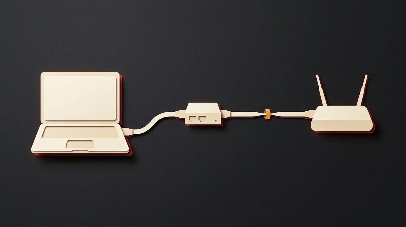 Ivory paper-cut laptop, intermediate network device, and router connected by Ethernet ribbons on charcoal, with a small amber marker on one segment.