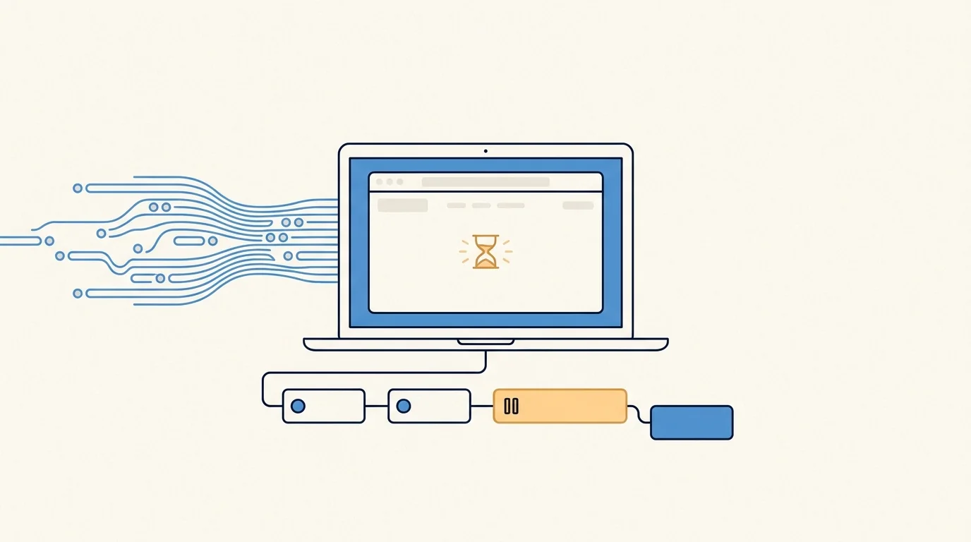 Conceptual illustration of incoming data flowing to a laptop while a website waits, with an amber pause in a staged request path