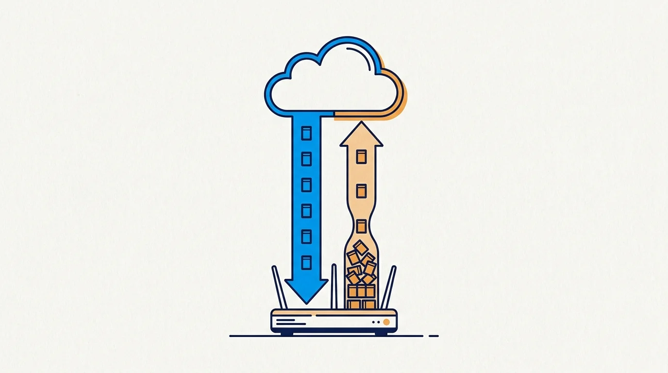 Conceptual illustration of smooth blue download traffic and orange upload packets queueing at a bottleneck above a home router