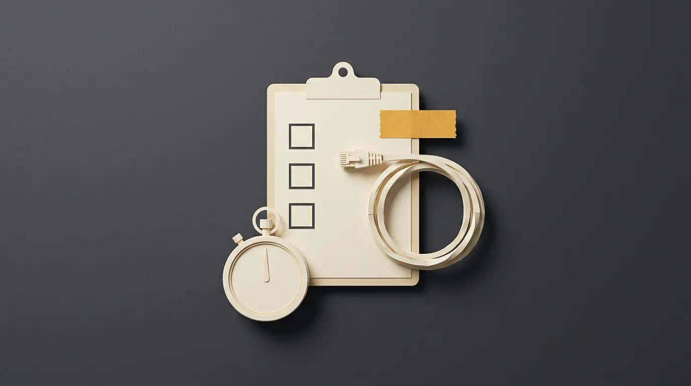 Illustration of a blank checklist, cable and stopwatch; not measured speed data