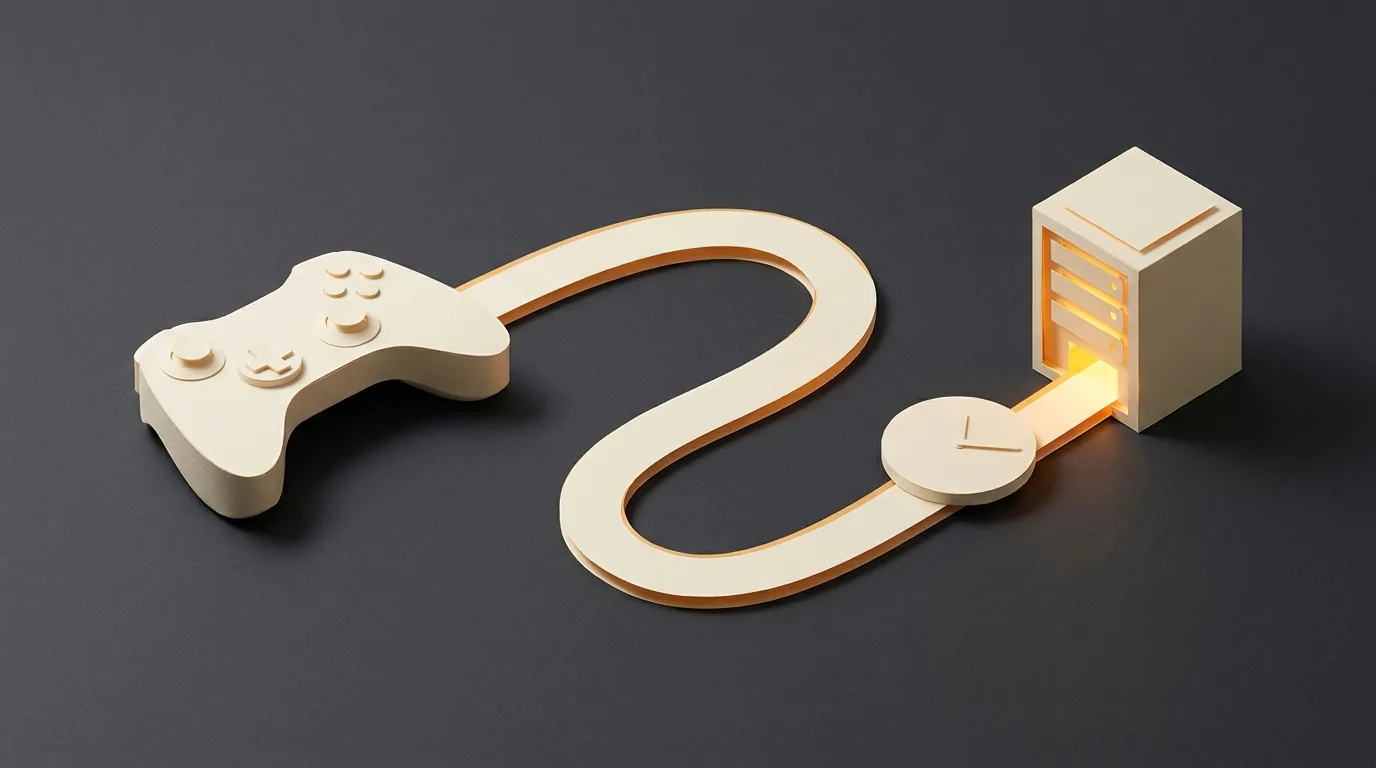 Illustration of a controller and server joined by a winding path; not a guaranteed ping improvement
