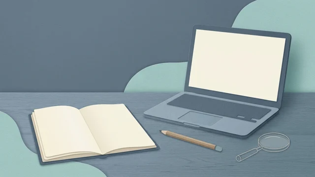 Illustration of a blank notebook and laptop with a magnifier; not a speed-test result.