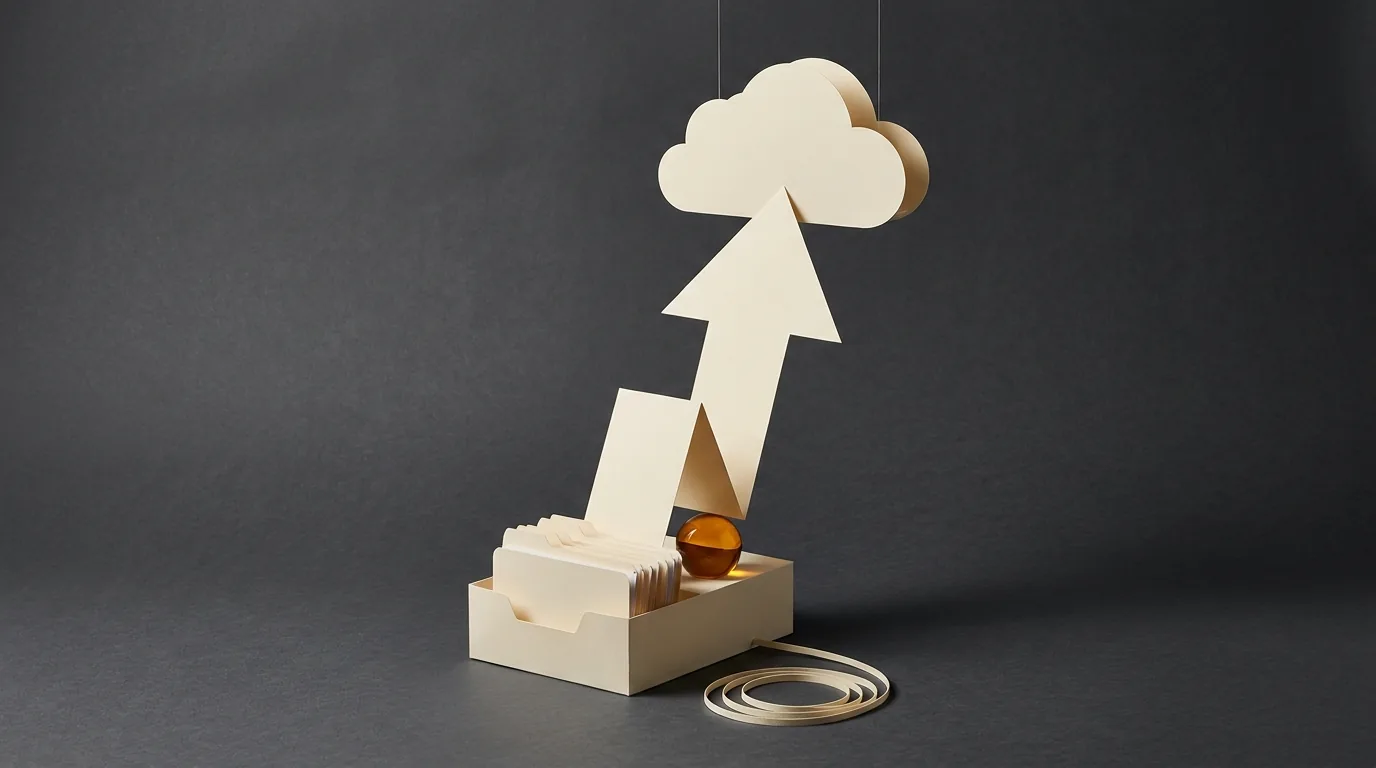 Illustration of files moving upward toward a cloud; not measured upload timing