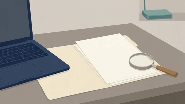 Illustration of blank evidence papers, a laptop, magnifier, and router; not a product comparison.