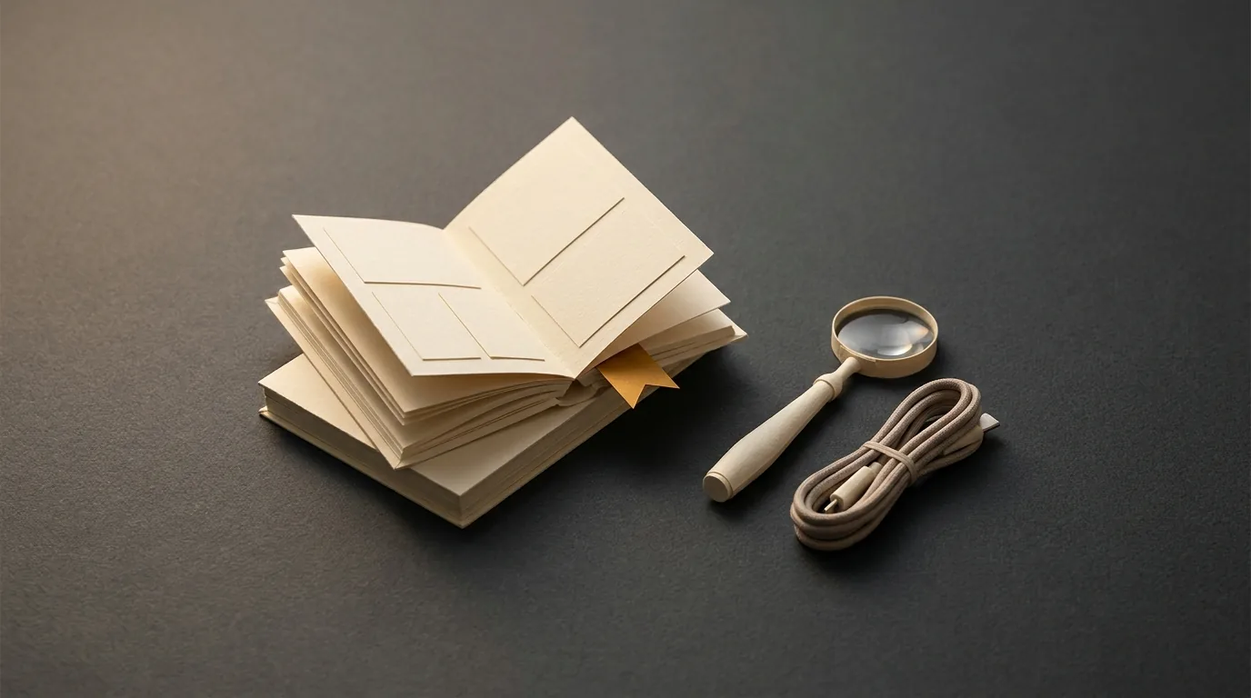 Illustration of report booklets, a lens and cable; not a broadband benchmark