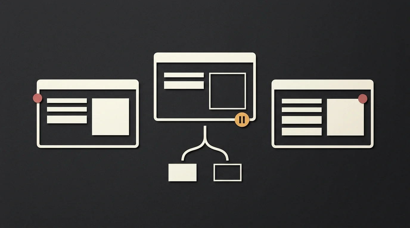 Three ivory browser windows on charcoal; the center window has an empty image slot and an amber pause symbol, with two small resource tiles below.