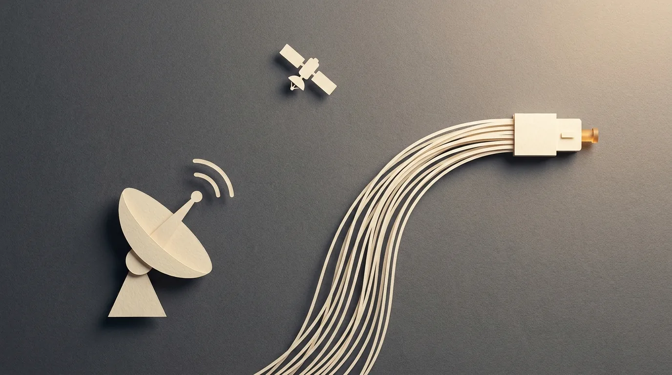 Illustration of a satellite dish and fiber strands; not a provider benchmark