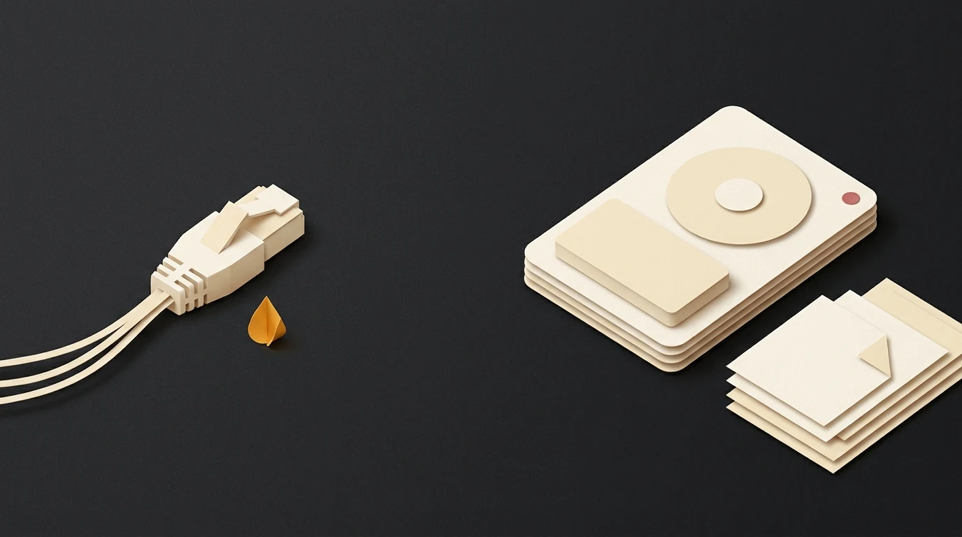 Ivory paper-cut network connector beside a storage drive and stacked file sheets on a charcoal background.