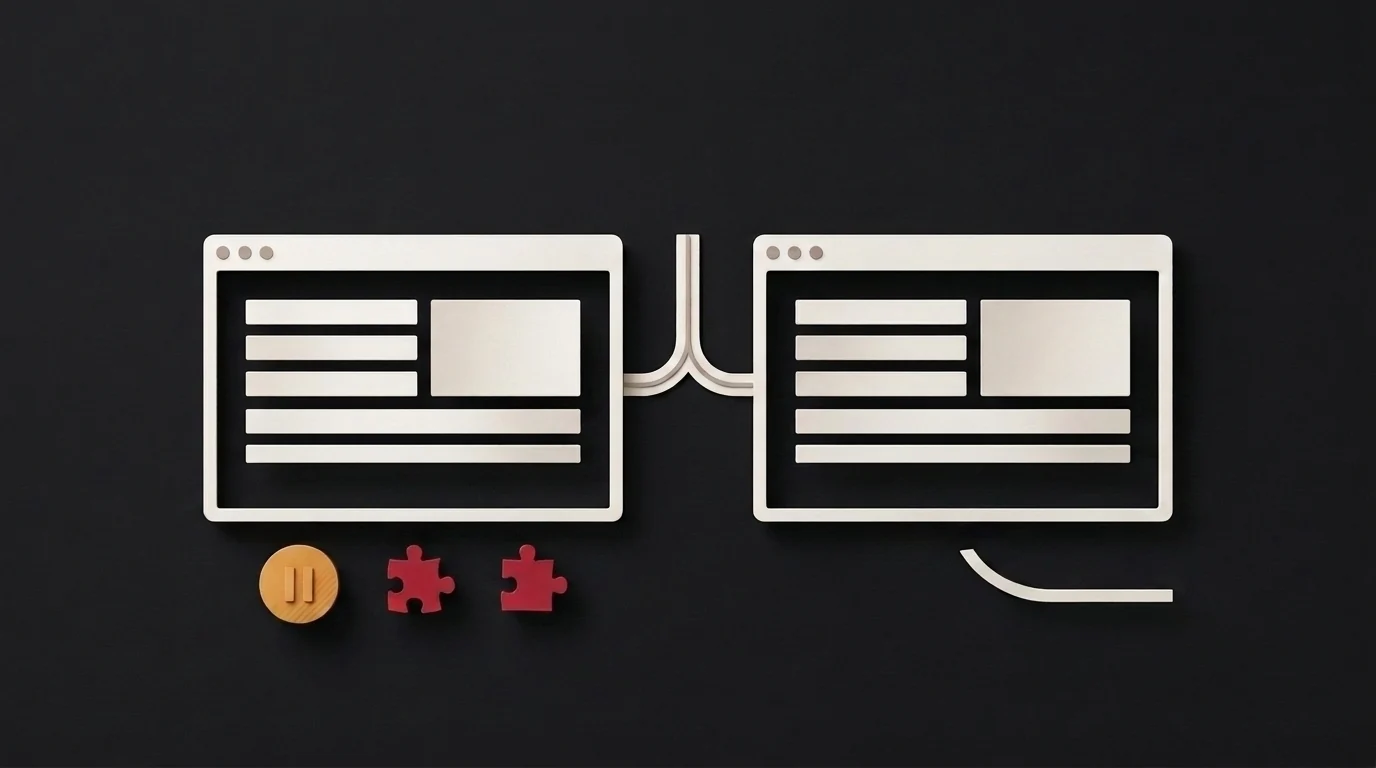 Two matching abstract browser windows connected for comparison, with a pause marker and extension puzzle pieces beneath the left window and a clean curved path beneath the right.
