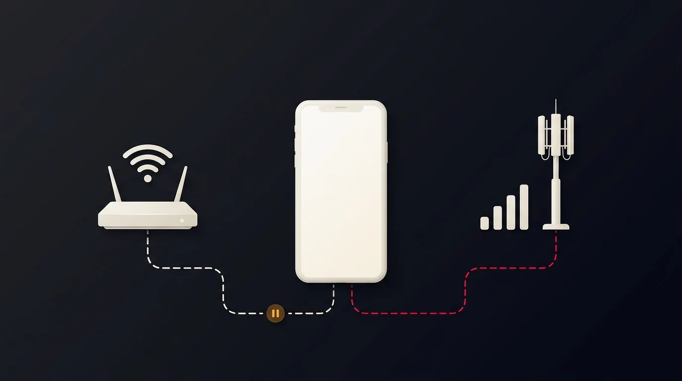 A phone connected by two illustrated paths to a home Wi-Fi router and a cellular tower, with a pause marker on the Wi-Fi path.