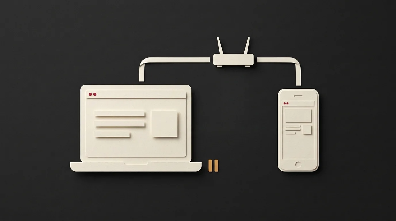 Abstract ivory laptop and phone beneath a shared router, with an amber pause symbol beside the laptop on a charcoal background.