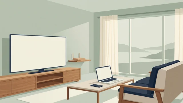 Illustration of a living room with blank-screen devices and a router; not a capacity benchmark.