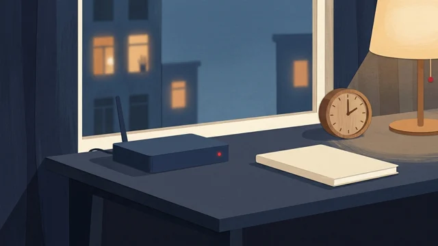 Illustration of a router beside a window at dusk; not a measured network result.