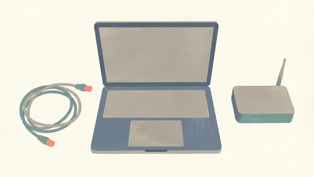 Illustration of a laptop, Ethernet cable and router; not a comparative benchmark.