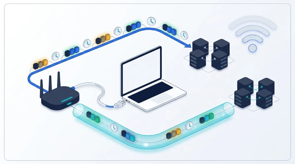 Wired Ethernet cable conduit vs wireless Wi-Fi test protocol showing packet queue delay and server routing