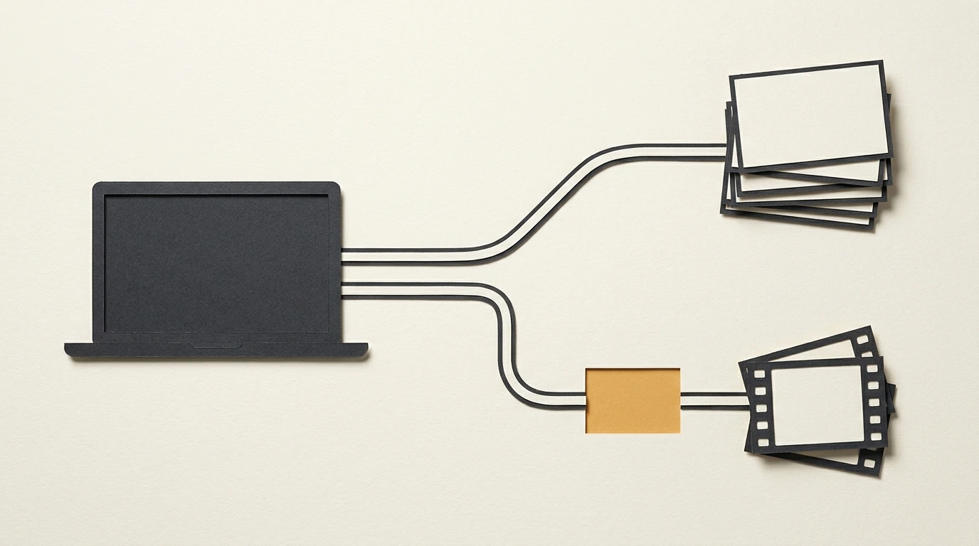 Paper laptop with separate paths toward stacked cards and film frames, with an amber interruption marker.
