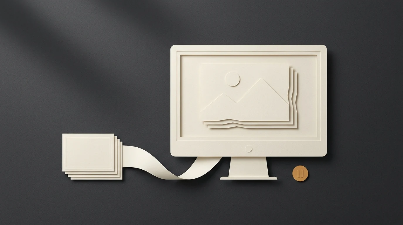 Ivory paper monitor with staggered landscape frames, a stack of video cards and an amber pause marker on a charcoal background.