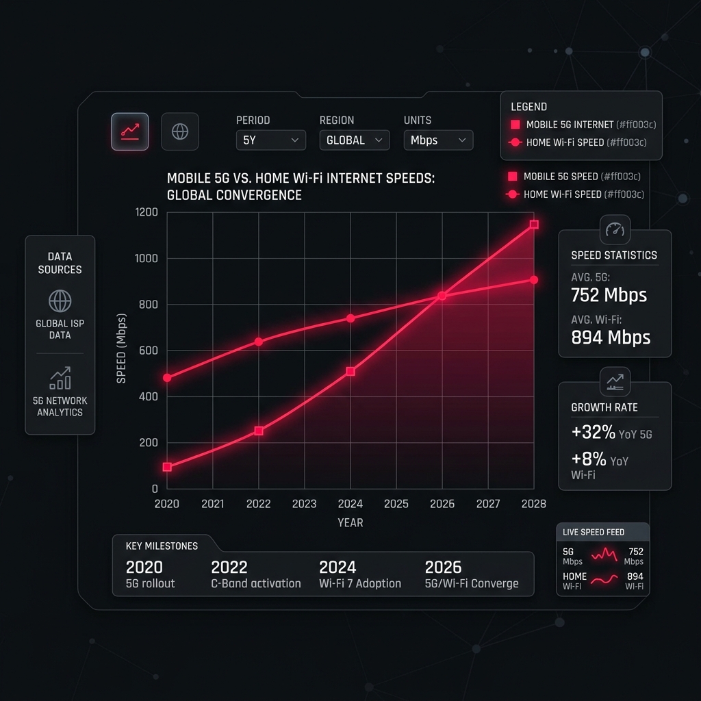 Trend line showing mobile 5G speeds accelerating rapidly and preparing to cross the trajectory of fixed broadband speeds.